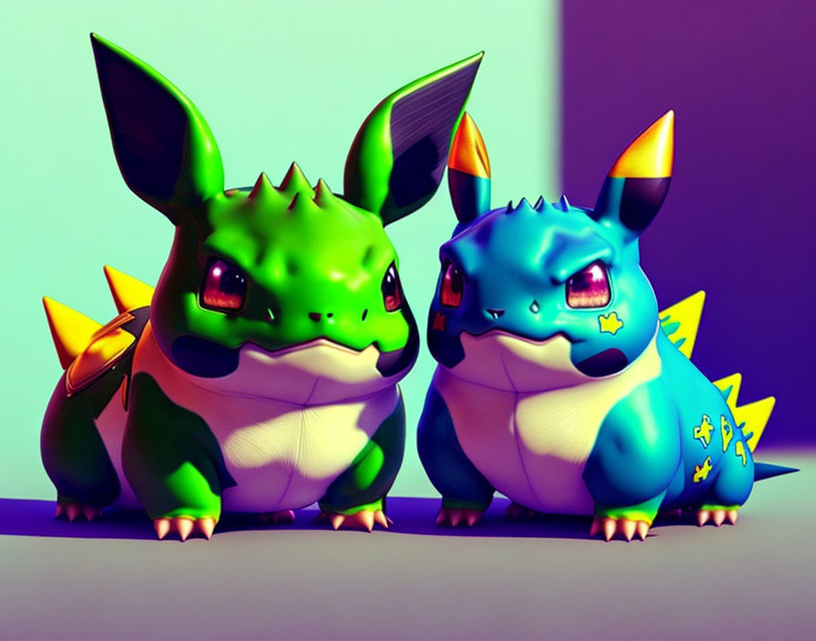 Stylized 3D Pikachu and Bulbasaur Pokémon models on vibrant background