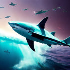 Giant shark swims in the sky with military jets at sunset