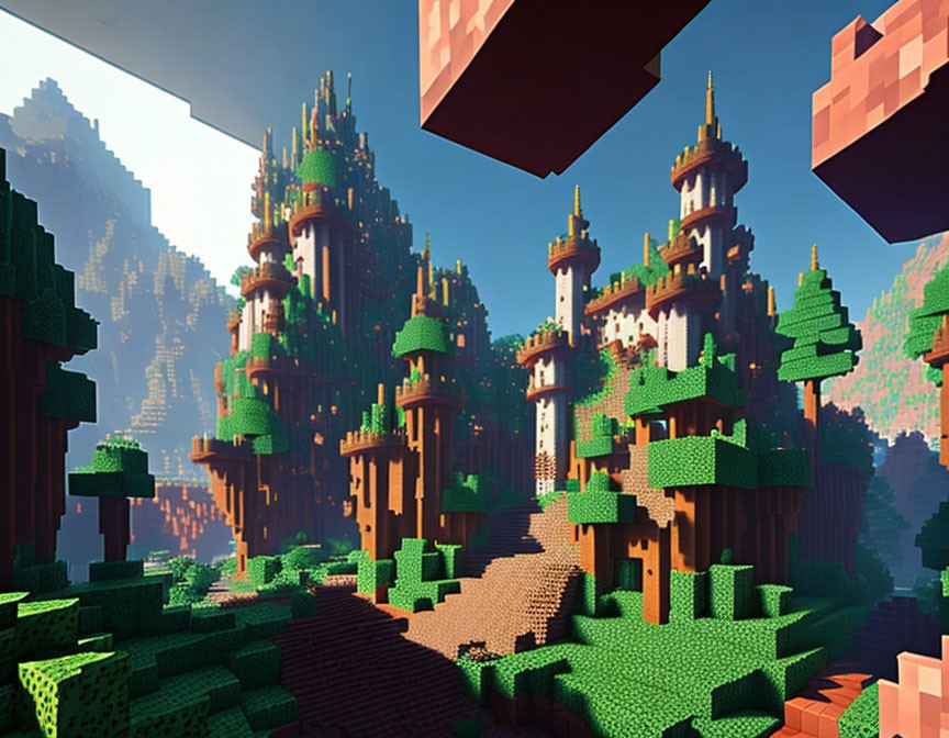 Colorful Minecraft landscape with castles, greenery, and floating islands