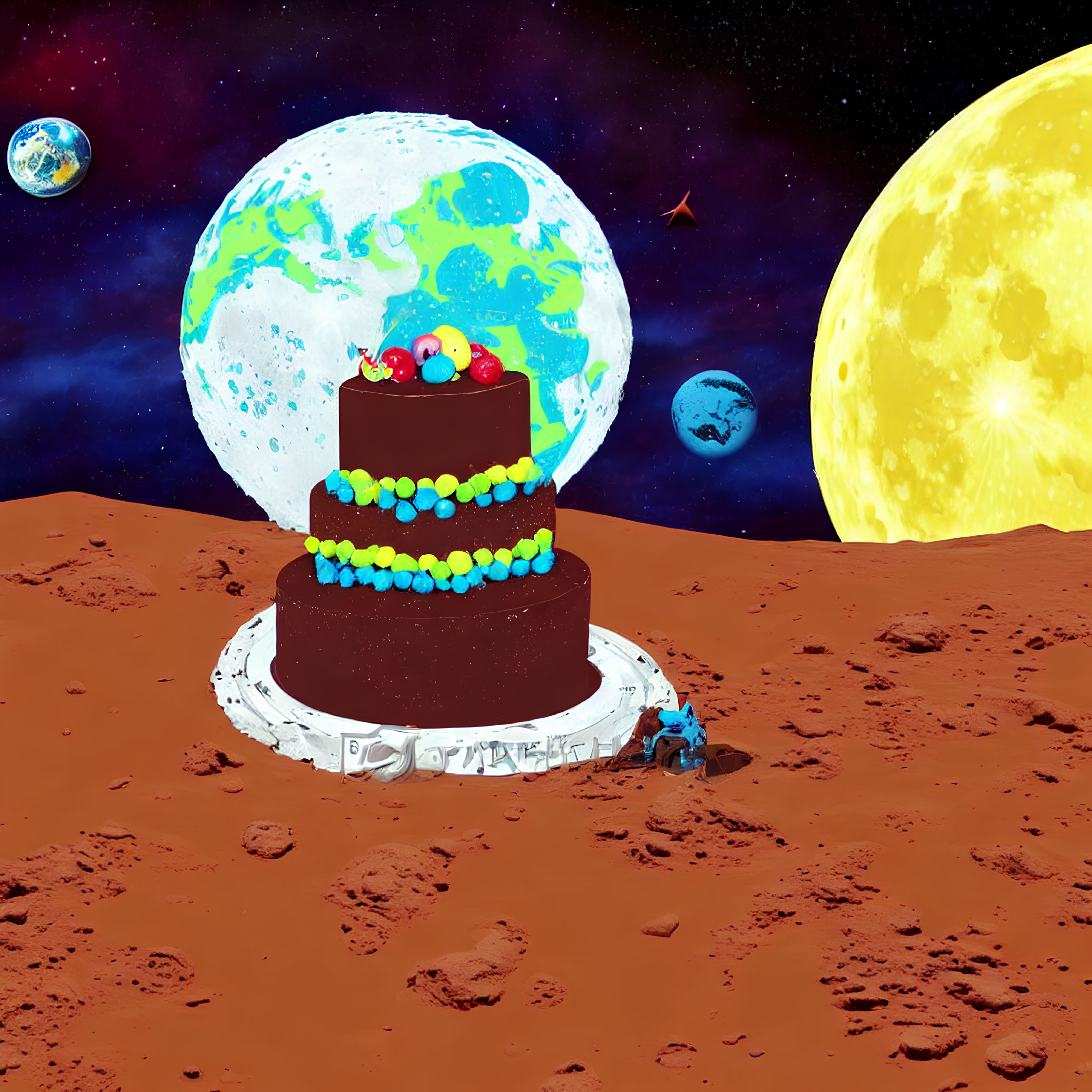 Colorful Three-Tiered Cake on Red Rocky Surface with Celestial Background