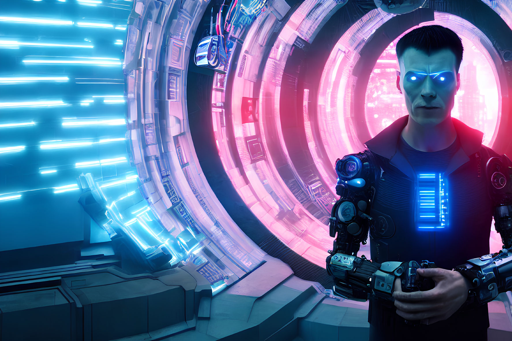 Futuristic cyborg with glowing blue eyes in high-tech environment