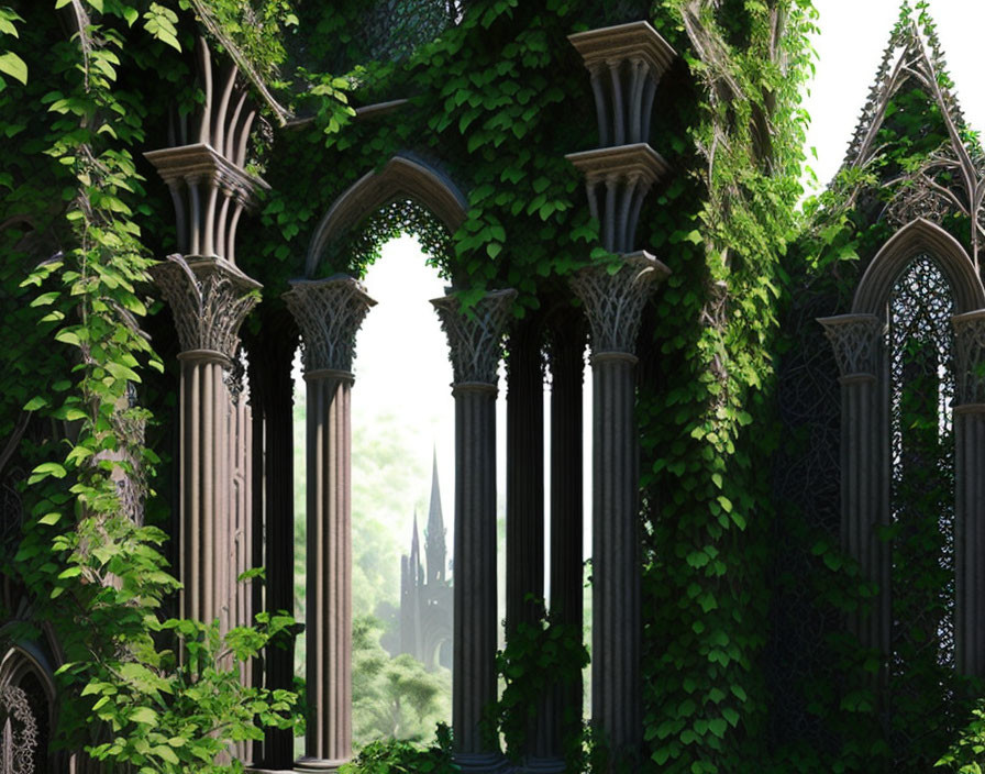 Tranquil forest scene with green ivy-covered Gothic stone arches