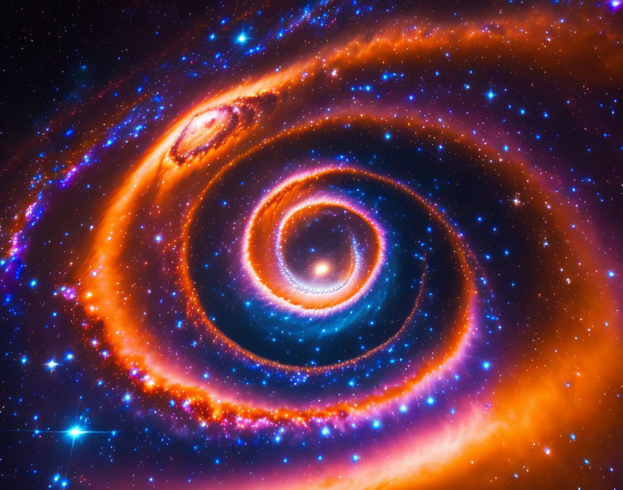 Spiral galaxy with blue and orange rings and bright core