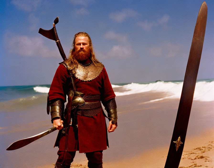 Viking warrior with axe, shield, and sword on sandy beach