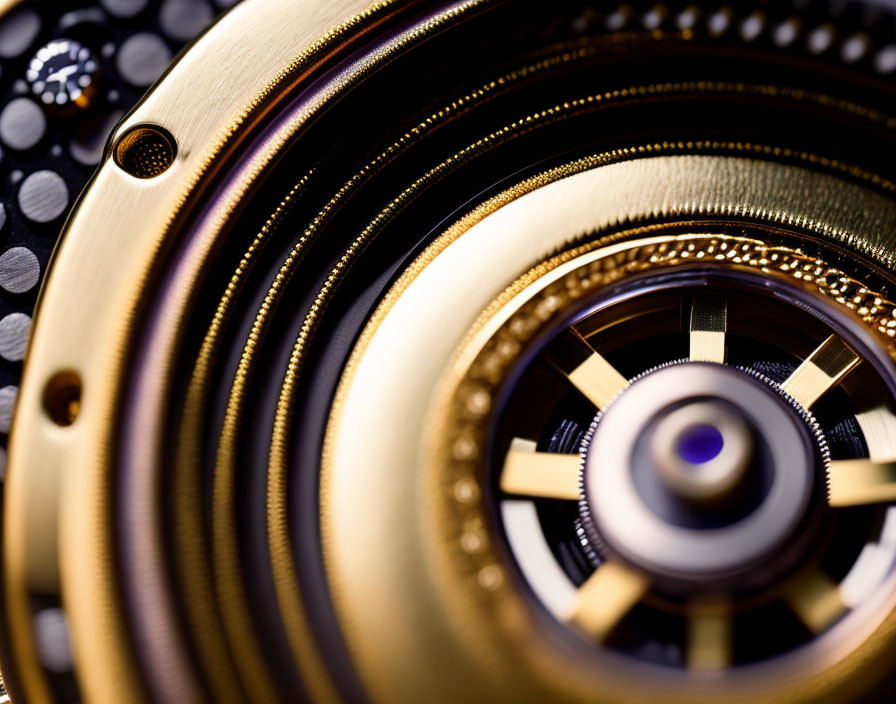 Detailed View: Mechanical Watch Movement with Golden Gears and Blue Screw