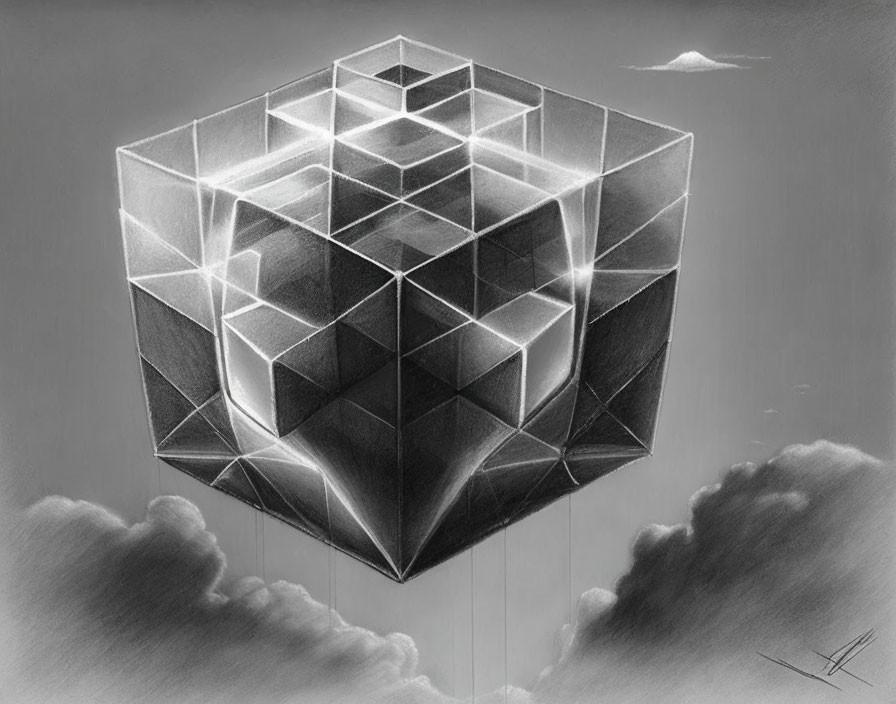 Geometric crystal structure drawing above clouds with 3D cubes.