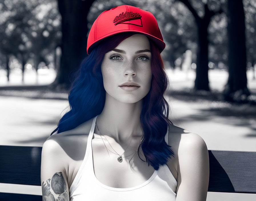 Woman with Blue Hair and Red Hat Sitting on Bench with Tattooed Arm and Contemplative Expression