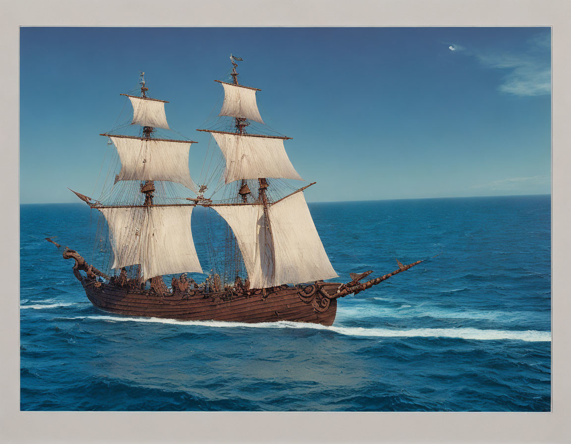 Large sailing ship with white sails on blue ocean