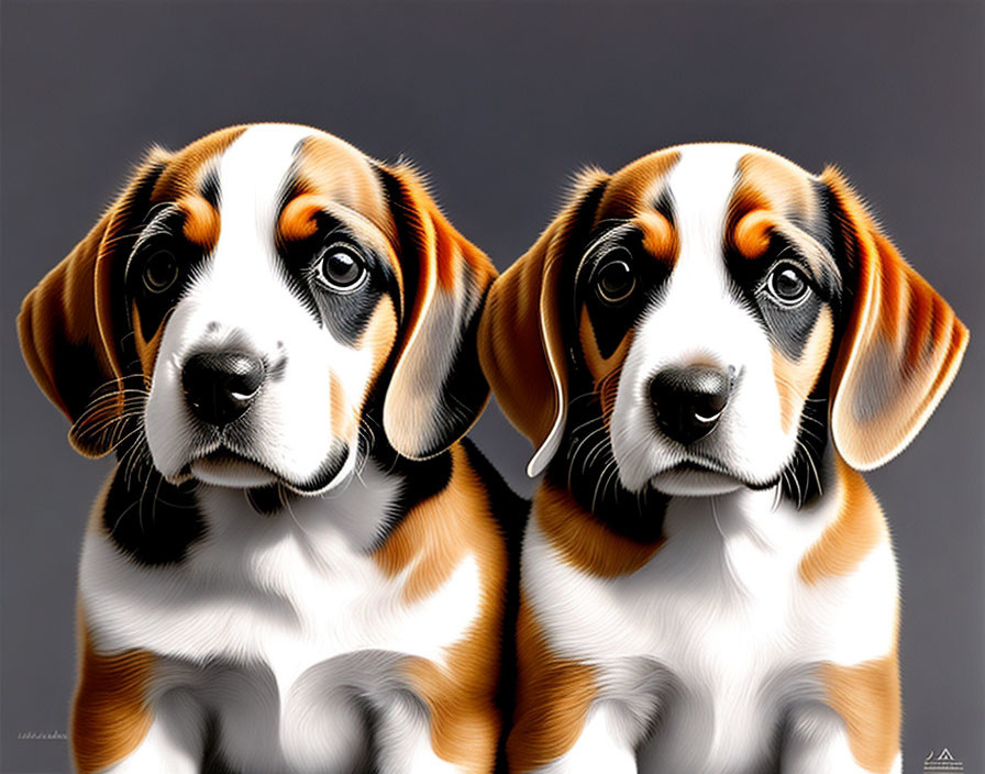 Two tri-color beagle puppies sitting together on grey background