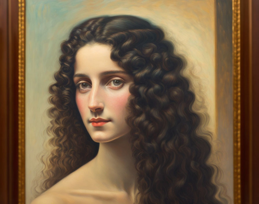 Portrait of Woman with Curly Dark Hair in Golden Frame