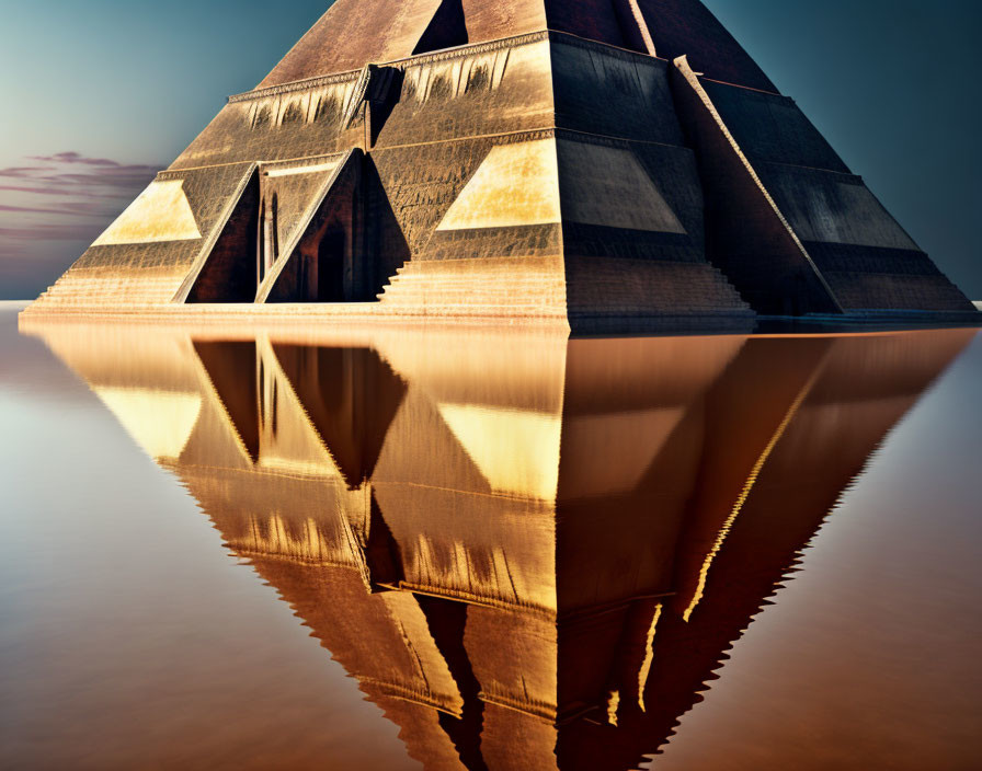 Symmetrical pyramid reflection over water in warm light