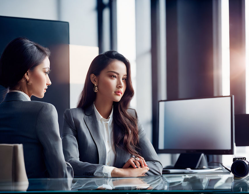 Businesswoman in gray suit at desk with computer monitor in modern office.