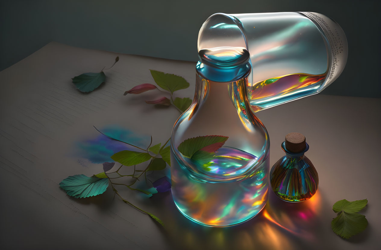 Colorful spectrum cast by glass pitcher on paper with leaves and bottle