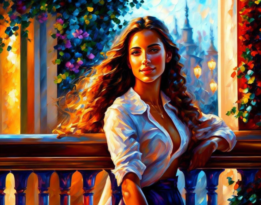 Colorful digital painting of woman on balcony with vibrant foliage & warm lighting