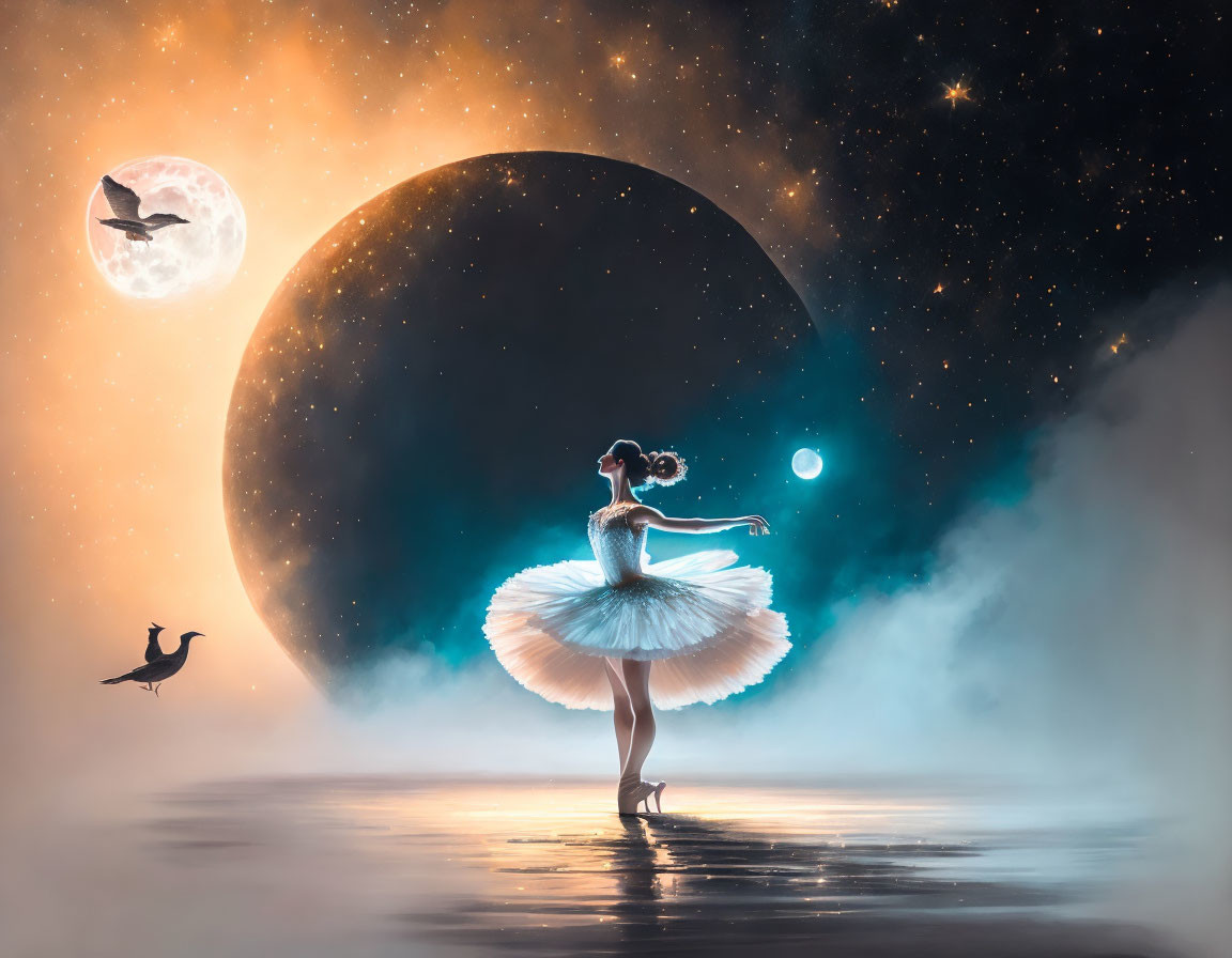 Ballerina posing against cosmic moon and stars