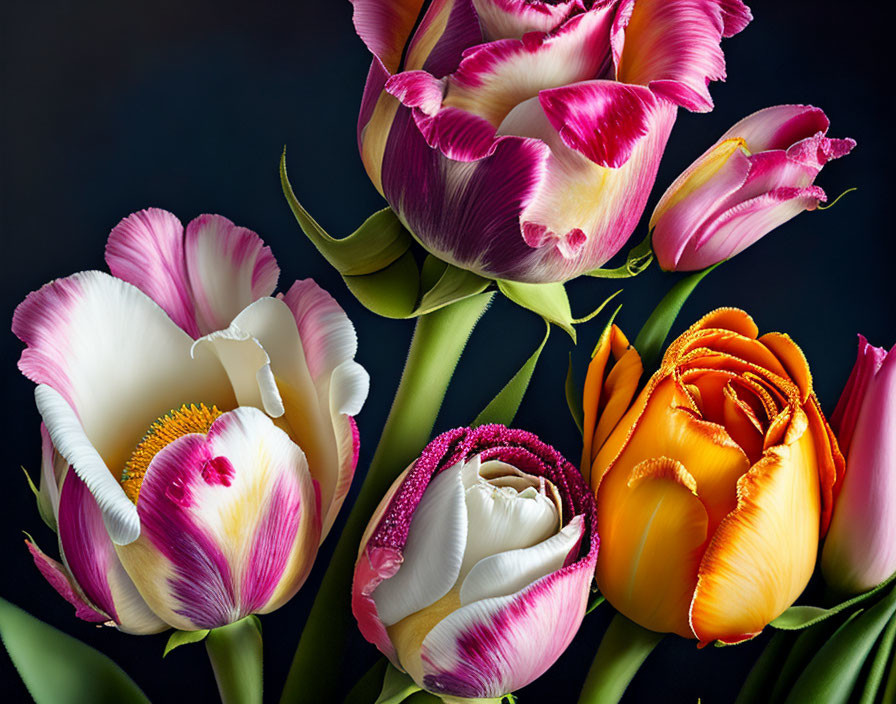 Colorful Tulips in Close-up Shot on Dark Background