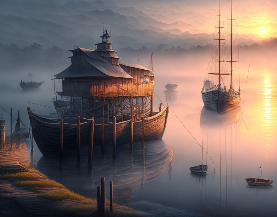 Foggy lake at dawn with old ships and stilt house