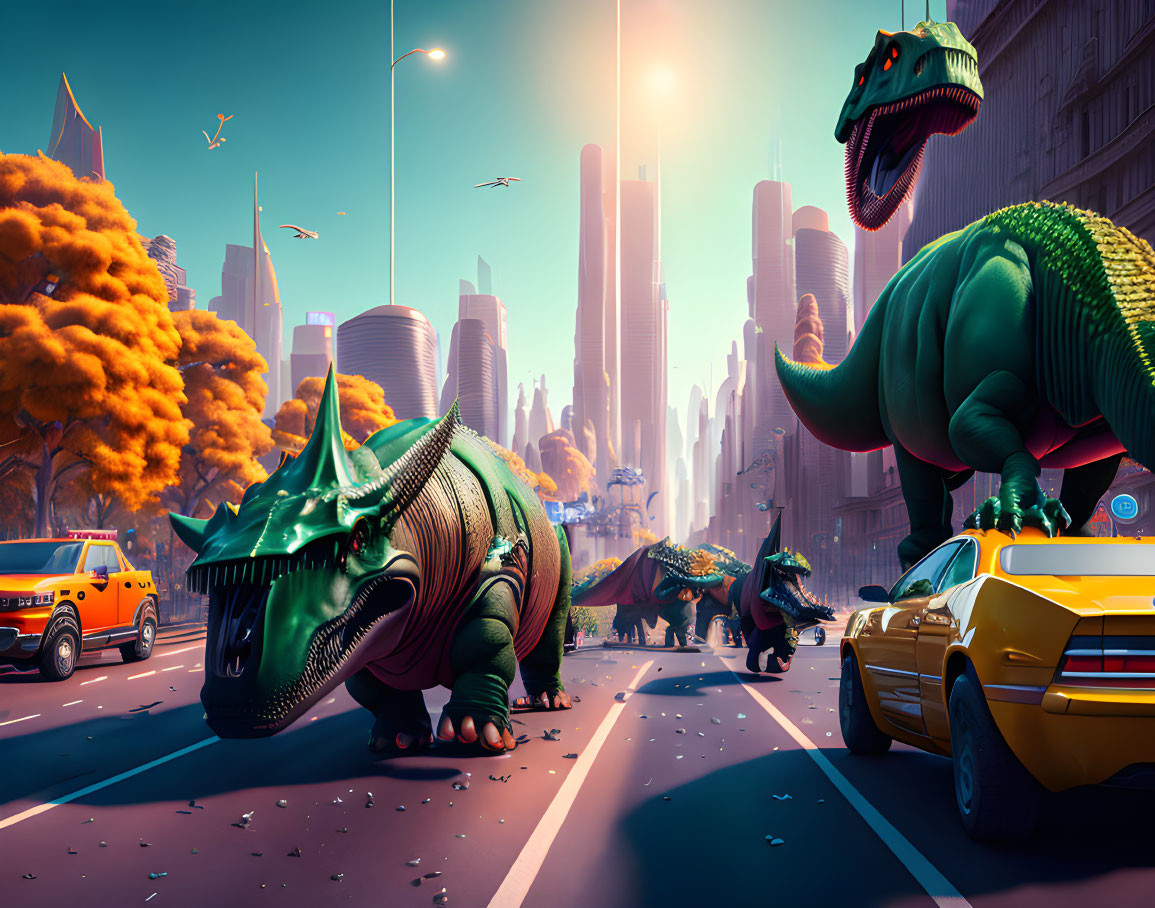 Dinosaurs in modern city scene with autumn trees and skyscrapers