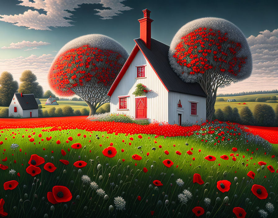 Whimsical white house with red roof in vibrant poppy field