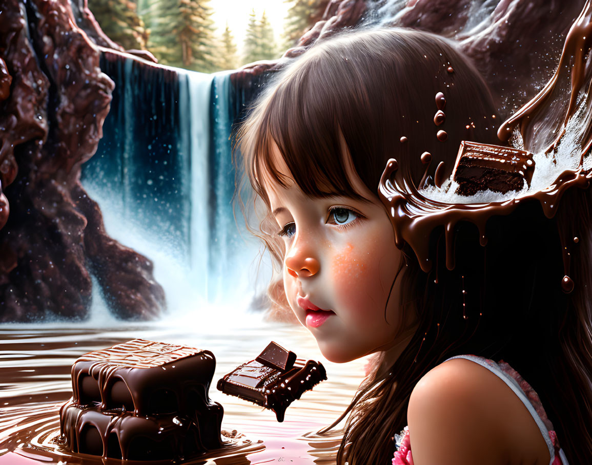 Young girl mesmerized by chocolate waterfall scene