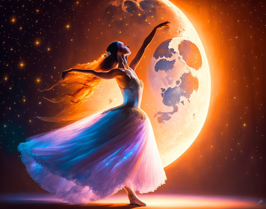 Graceful dancer in flowing dress against cosmic backdrop with large moon and stars.