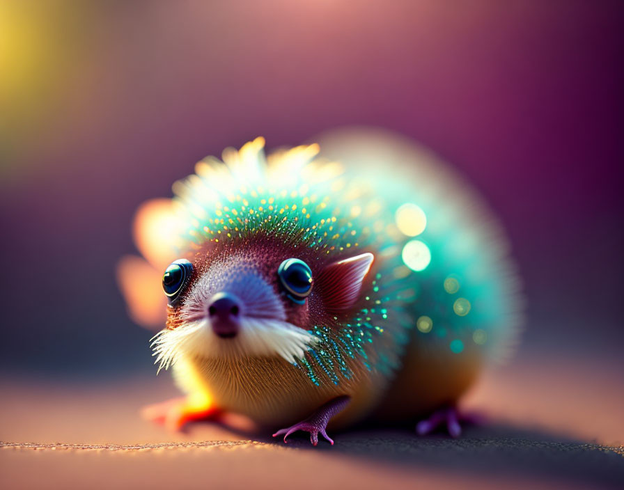 Colorful Sparkling Creature with Hedgehog-like Spikes on Soft Background