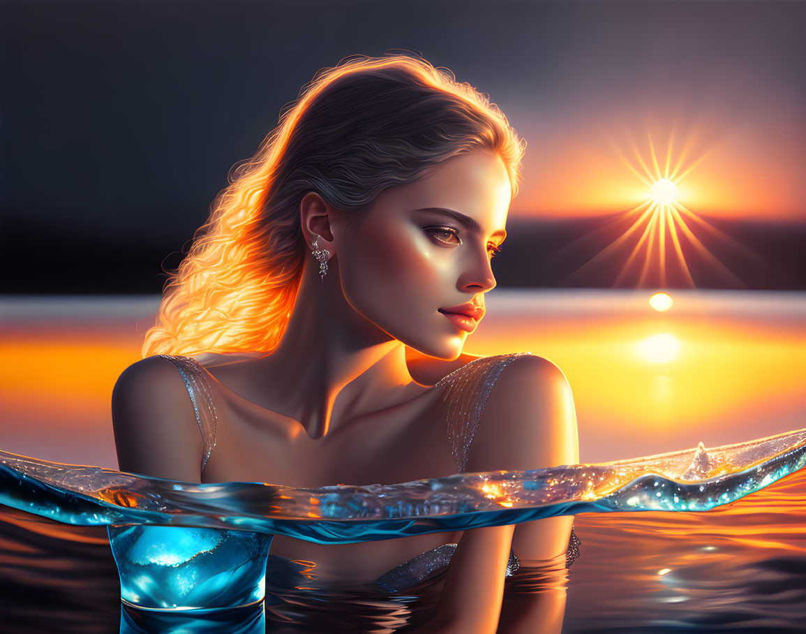 Glowing woman submerged in water at sunset with reflections