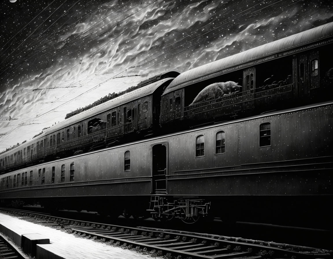 Vintage train at night station with falling snow and textured clouds