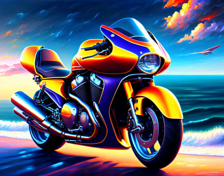 Colorful Motorcycle Artwork Parked by Seaside at Sunset with Plane