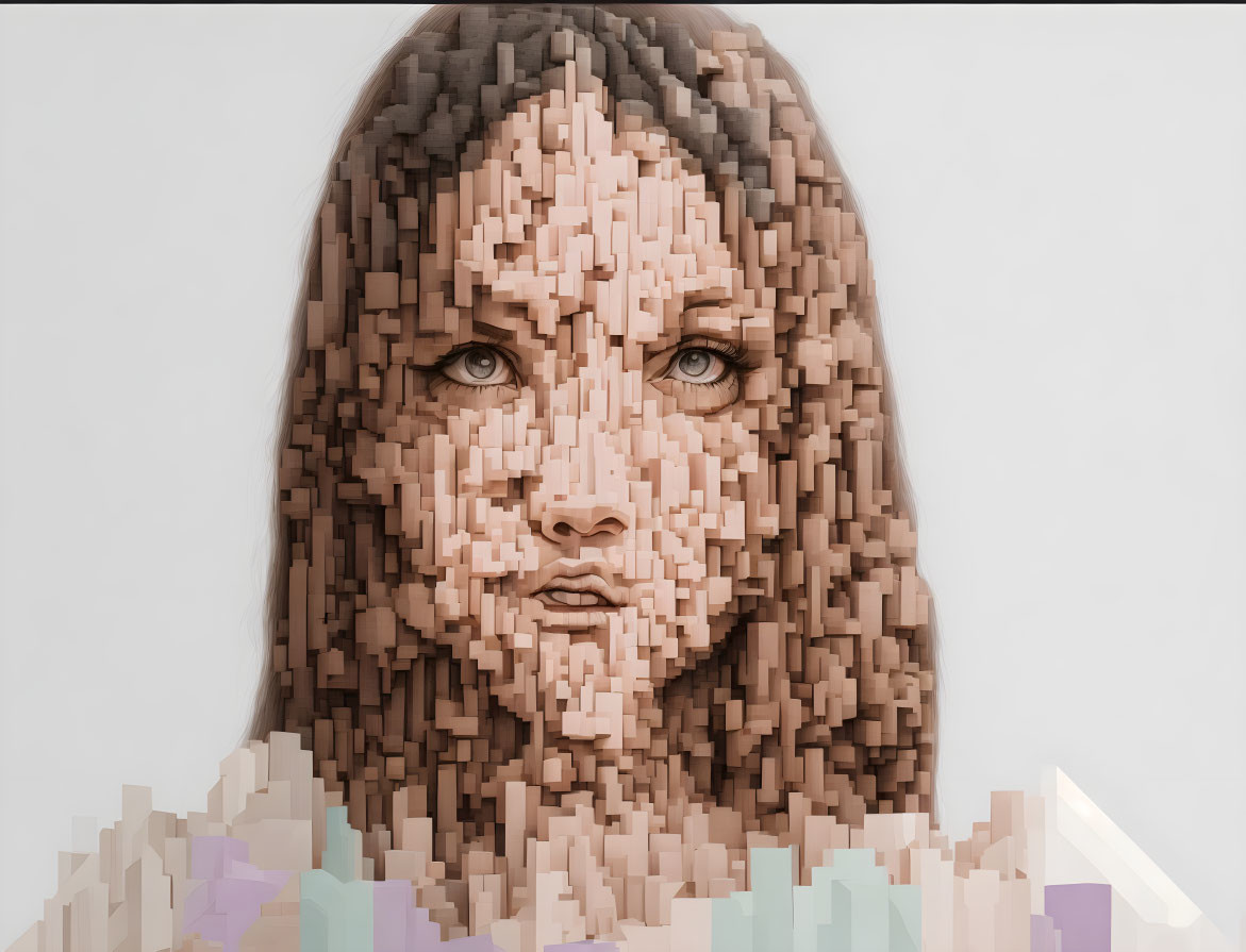 Pixelated portrait of woman with long hair in beige and brown geometric shapes