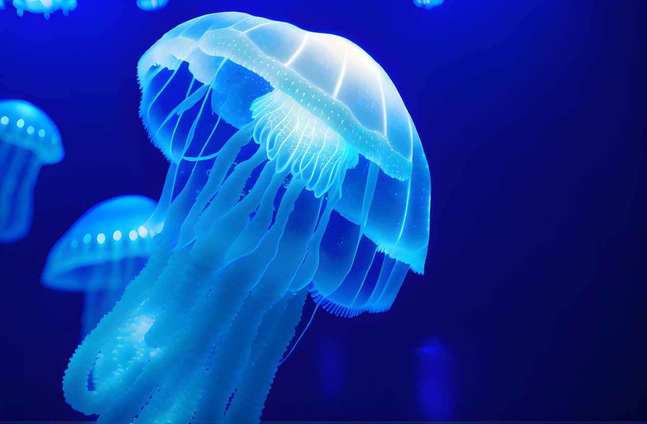 Translucent jellyfish with glowing blue body underwater