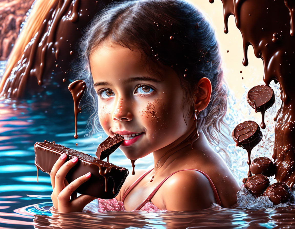 Young girl with blue eyes enjoying chocolate near whimsical chocolate waterfall