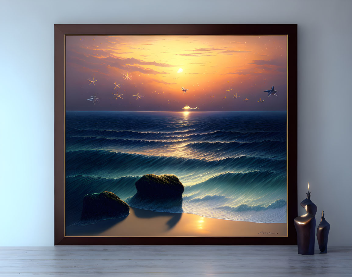 Seascape painting with sunset, waves, rocks, birds, and candle holders