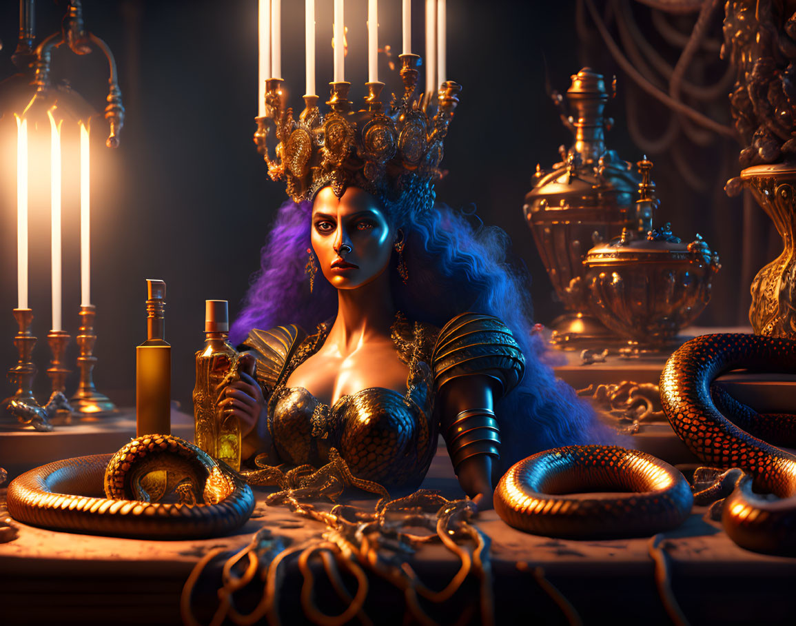 Majestic woman with candle crown, serpents, and vials in mystical setting