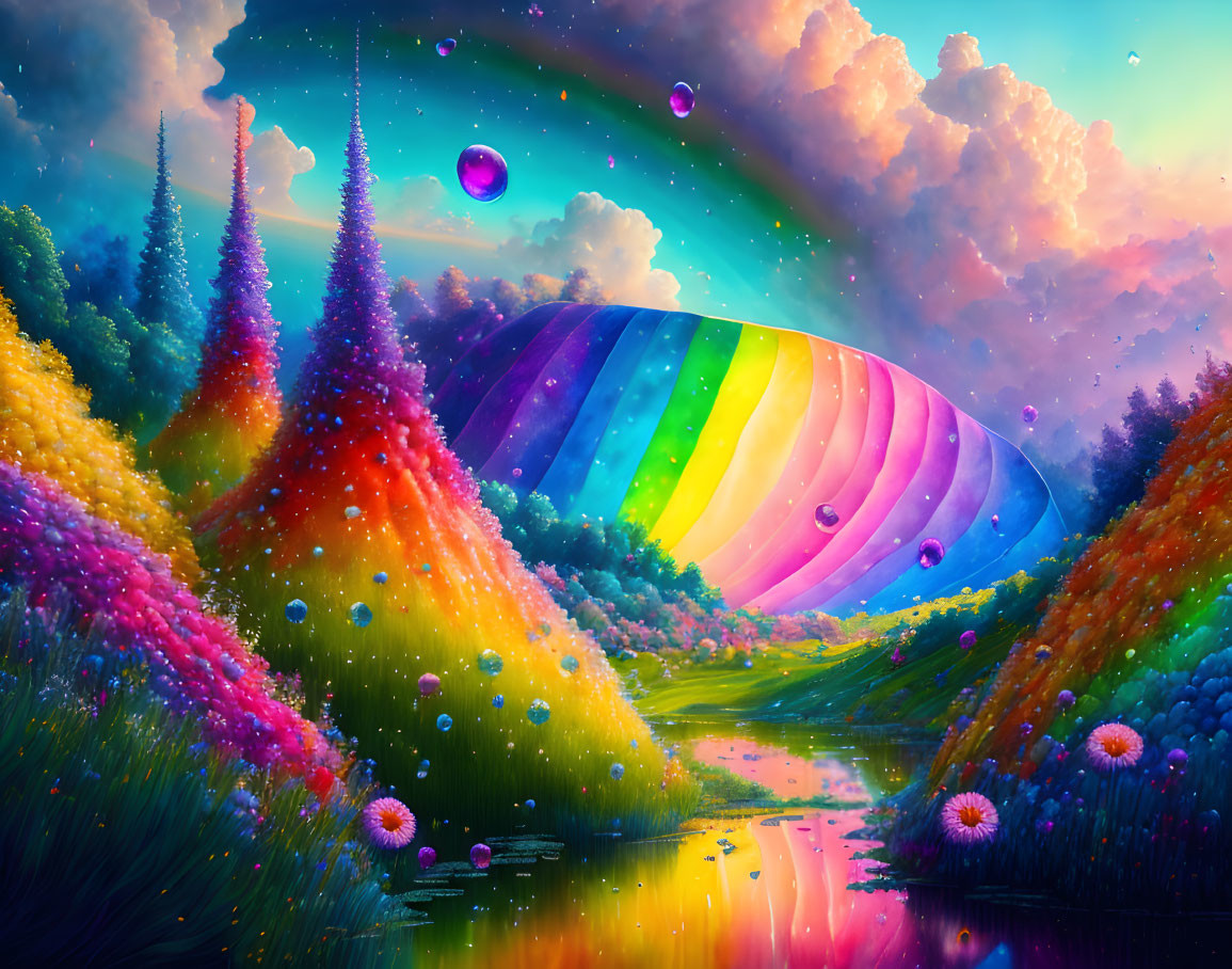 Colorful Striped Air Balloon in Surreal Landscape