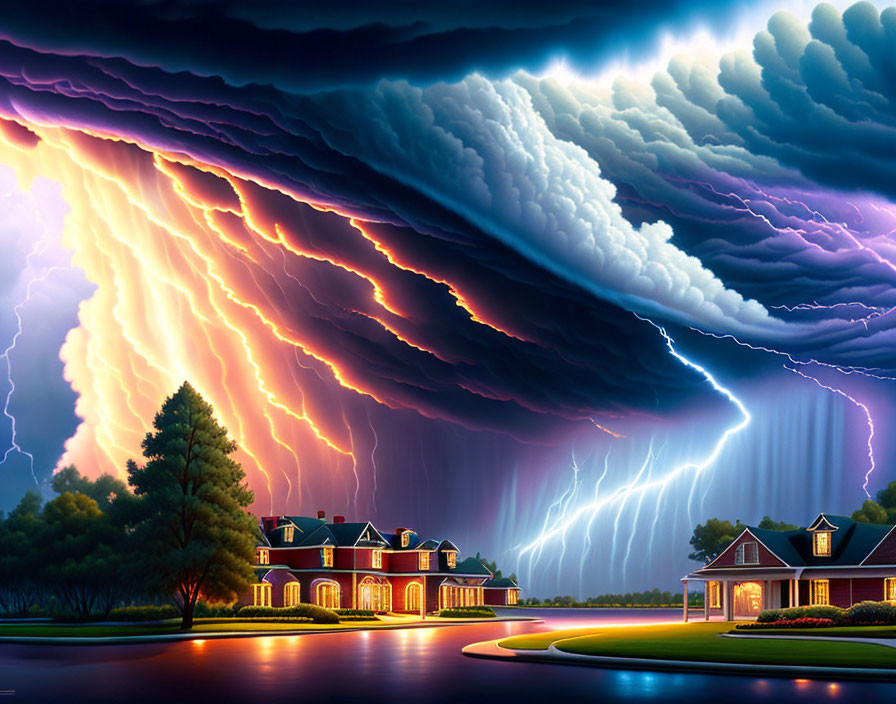 Dramatic thunderstorm with lightning bolts over suburban homes at twilight