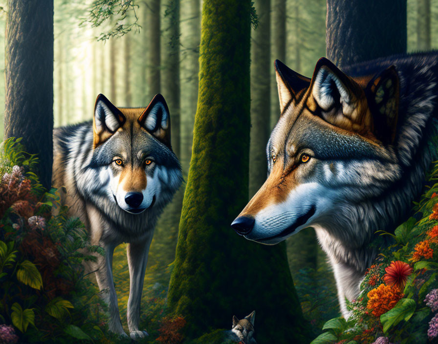 Realistic wolf duo in vibrant forest scene