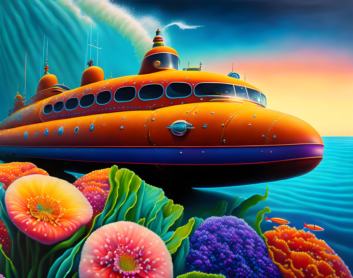 Colorful Retro-Futuristic Submarine Surfaces Near Coral Reef