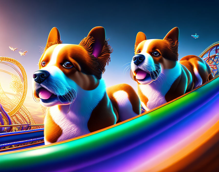 Animated dogs ride roller coaster in vibrant amusement park