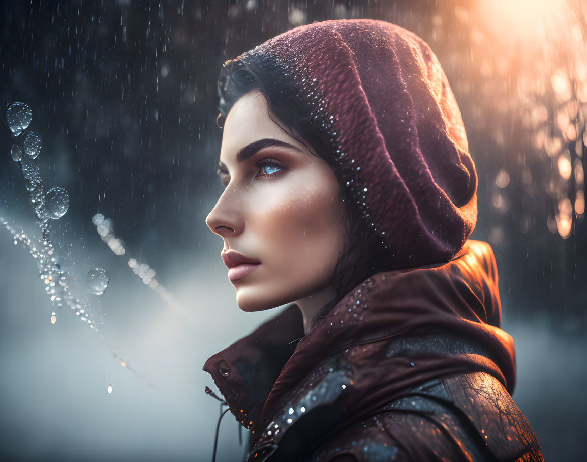 Hooded woman in rain and bubbles under warm backlight