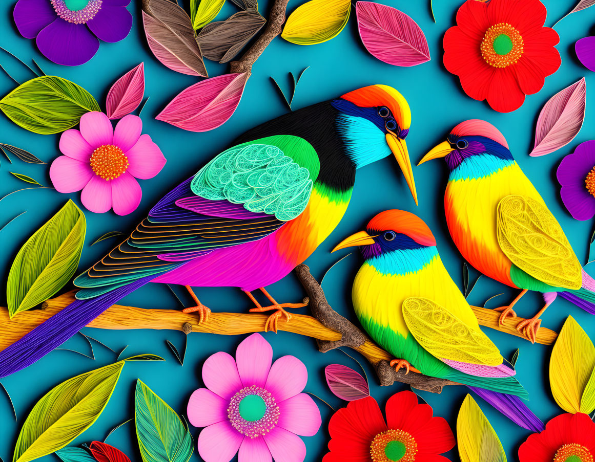 Colorful Artwork: Stylized Birds, Intricate Patterns, Vibrant Flora