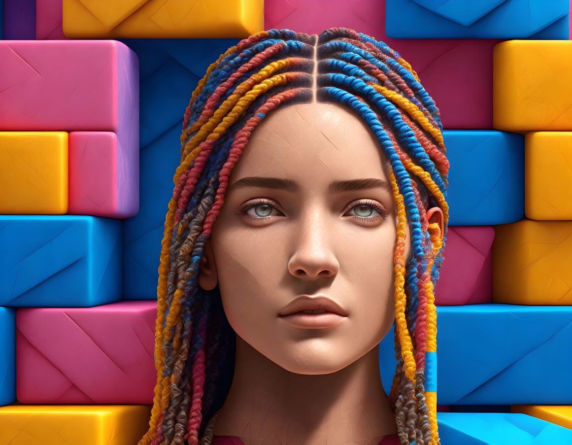 Colorful digital artwork: Woman with braided hair on vibrant geometric background