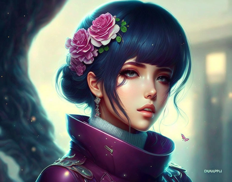 Digital artwork: Female character with expressive eyes, dark hair, pink flowers, purple outfit, and delicate