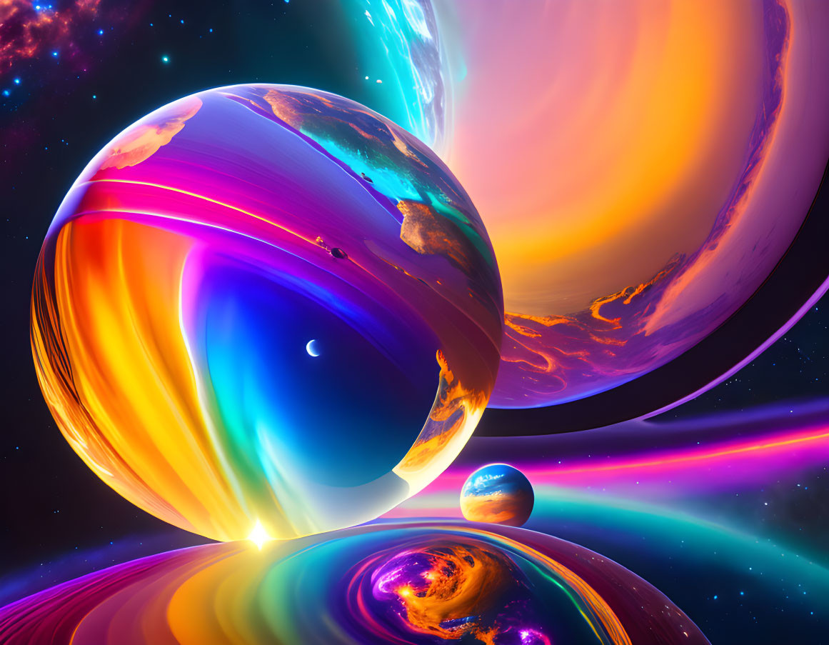 Colorful surreal planets in cosmic landscape with swirling colors