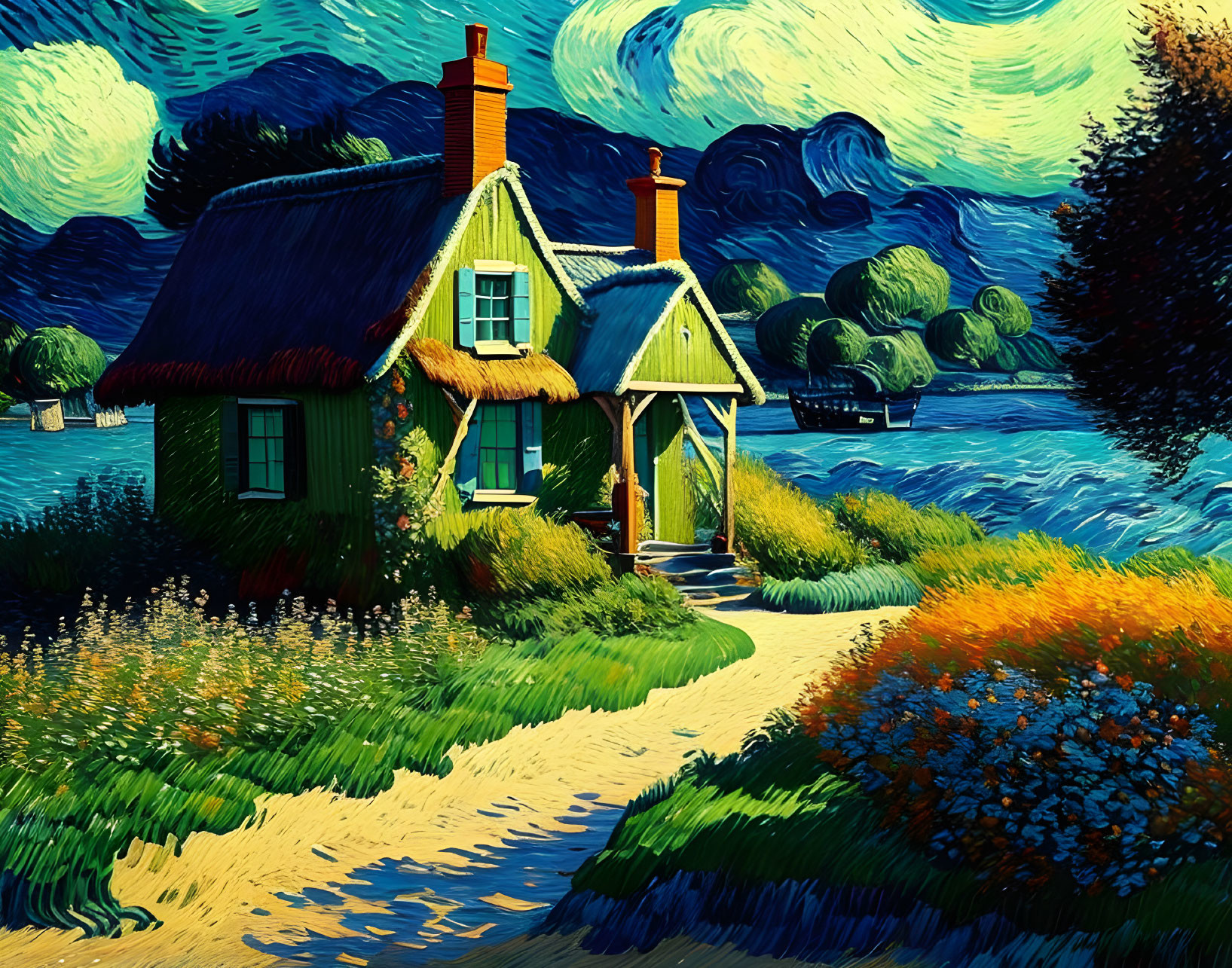 Colorful Van Gogh-style painting of green house, yellow roof, gardens, and blue sky.