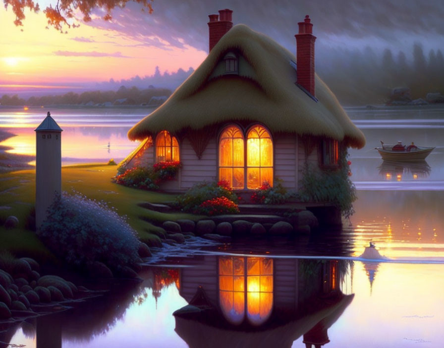 Thatched-Roof Cottage by Tranquil Lake at Twilight