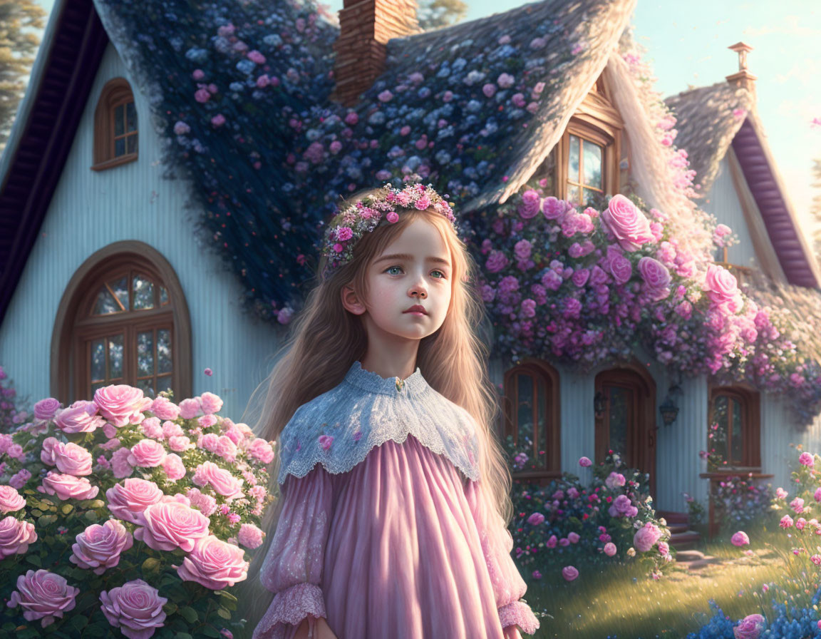 Young girl in pink dress and floral crown by quaint house with pink roses in warm light