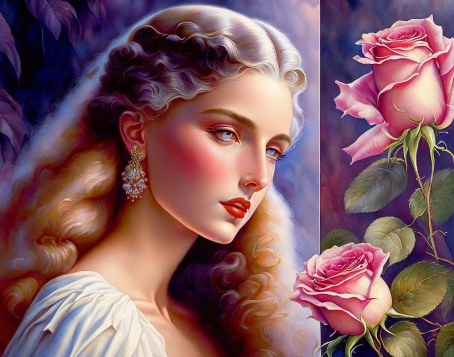 Illustrated portrait of woman with wavy hair and blue eyes among pink roses on blue and purple backdrop