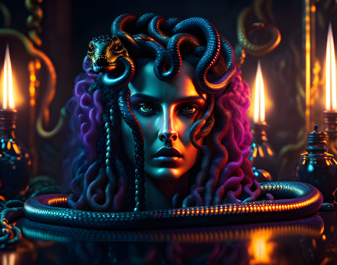 Medusa depiction with serpentine hair, intense gaze, candles, and mystical vials