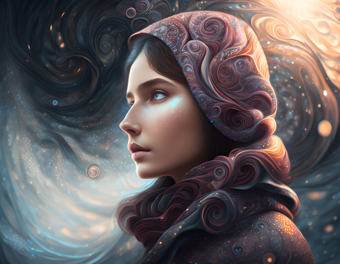 Digital Art: Woman with Cosmic Headscarf and Galaxy Background